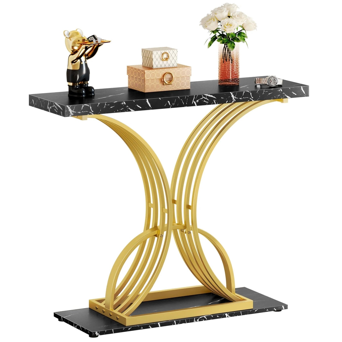 Console Table With Faux Marble MDF Top And Gold Metal Frame