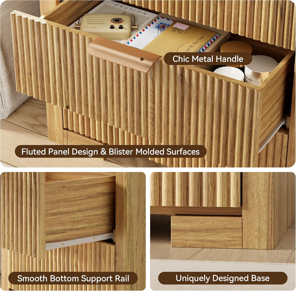 Fluted Nightstand Set Of 2 With Charging Station, 23.6 in, 3 Drawers, Natural Oak