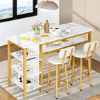 3-Piece White Faux Marble Bar Table And Chairs Set With 2 PU Cushion Bar Stools And 3-Tier Storage Shelves - Gold Frame