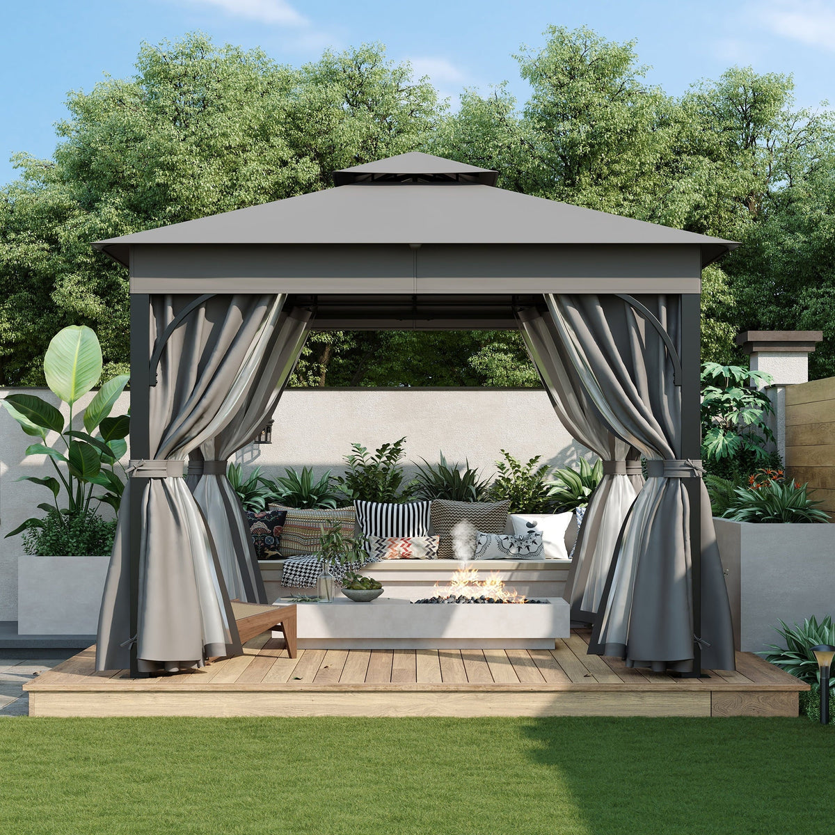 Outdoor Patio Gazebo With Mosquito Netting And Privacy Screens, 10'x10', Grey