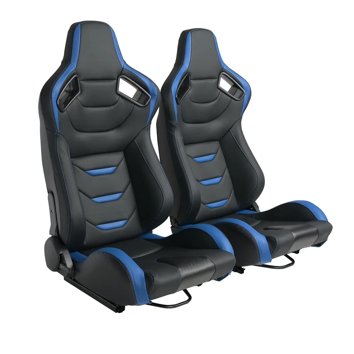 Universal Racing Bucket Seats, Pair With Dual Lock Sliders, Black With Blue PVC Leather, 36.6 x 21.6 x 21.6 in