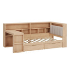 Ivery Furniture L-Shaped Wooden Twin/Full Daybed With Desk, Bookcase, Drawers And RGB Light - Natural/White