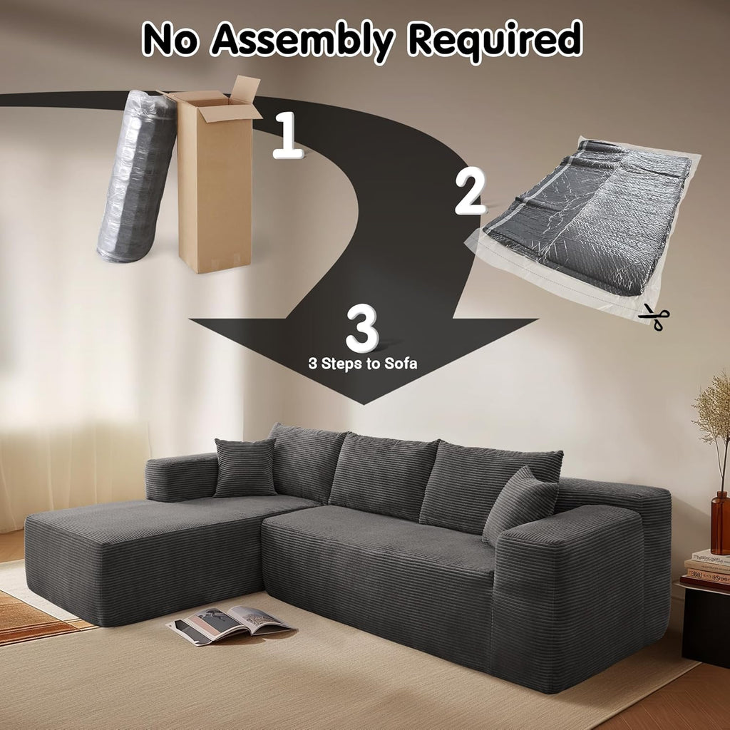 ovios 104in L-Shape Sectional Sofa With Chaise, Grey Plush Corduroy Fabric
