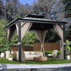 10x10 Hardtop Gazebo With Double Metal Roof, Aluminum Frame, Net And Curtain - Khaki