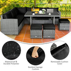 7-Piece Rattan Patio Dining Set With 3 Corner Chairs, 3 Ottomans And Table