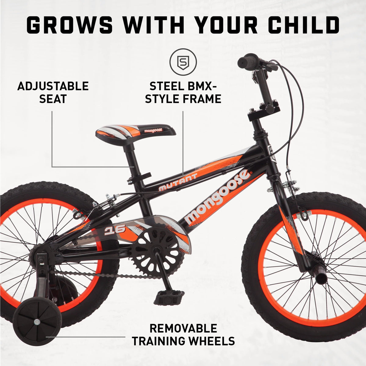 Mongoose 16 inch Mutant Kid's BMX Bike, Ages 3-5, Black & Orange - Mutant