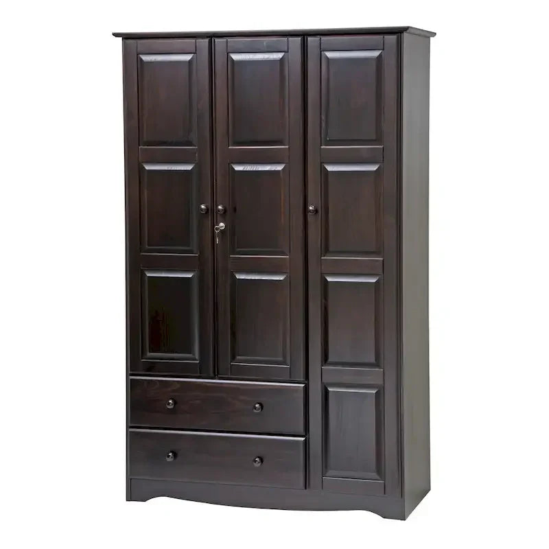 3-Door Solid Wood Wardrobe Armoire With 2 Drawers - 72in H x 45.8in W x 20.75in D
