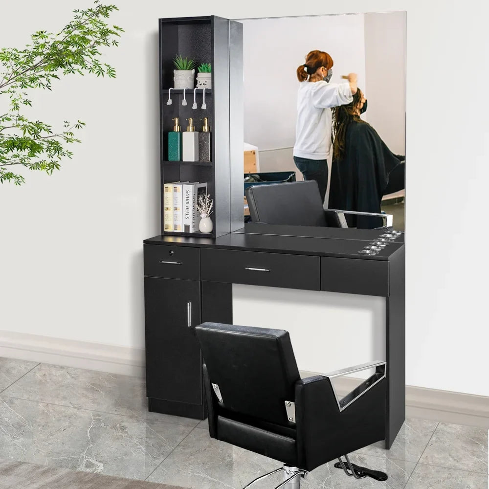 OmySalon Wall-Mount Barber Station With Mirror, 2 Drawers, 1 Storage Cabinet And 3 Open Shelves