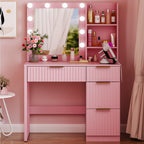 Ktaxon Vanity Makeup Table With Stool, 3-Color Lighted Mirror, 3 Shelves, Drawers, White - 35.43 x 15.55 x 29.53-53.27 in