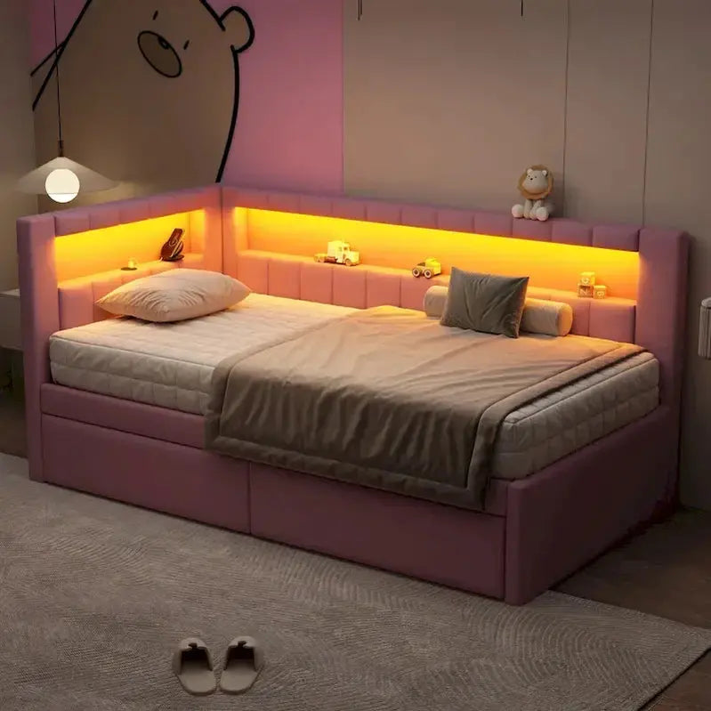 Upholstered Platform Bed Frame With USB Charging, LED Accent Lights And 2 Storage Drawers - Full/Twin
