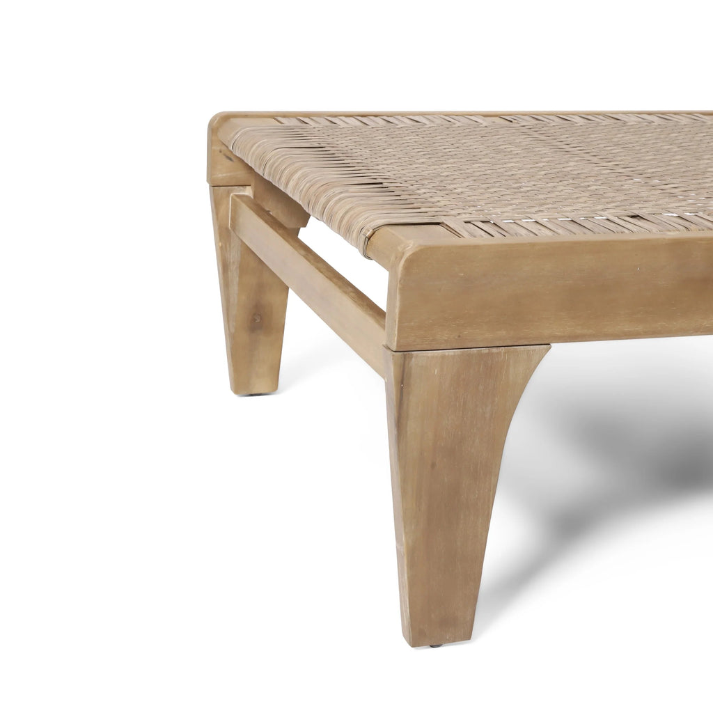 Outdoor Chaise Lounge, Single, Acacia Wood and Faux Rattan, Light Brown and Light Multibrown, 77.00 x 25.50 x 33.00 Inches - Shane
