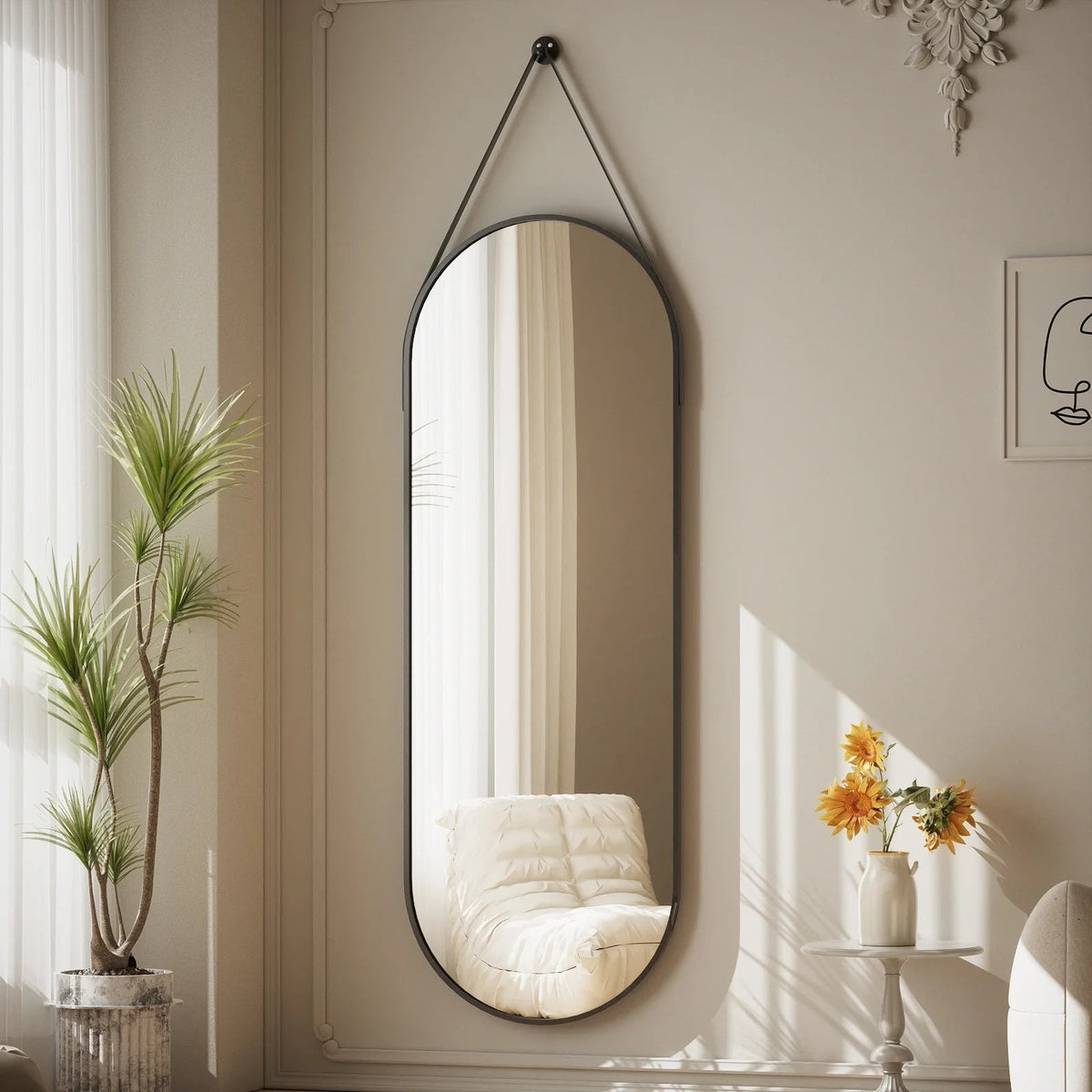 Full Length Wall Mirror, 48 x 16 Inch, Black, Leather Strap