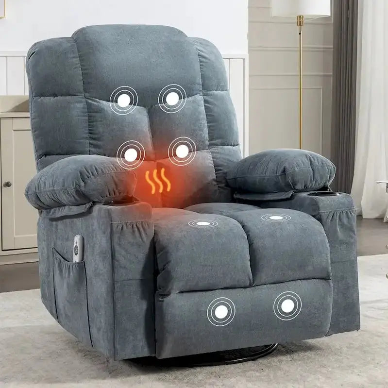 Oversized Massage Recliner Chair With Heat, 150 Degree Recline, 30 Degree Rocking, Dual USB Ports And 2 Cup Holders - Grey