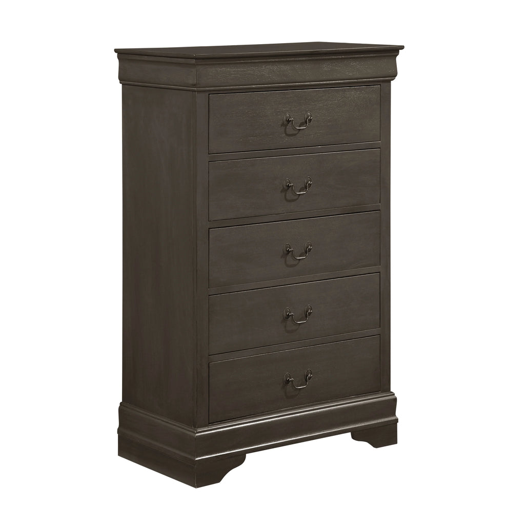 DeeHome Louis Philippe Style 1pc Chest Of 5 Drawers, Stained Gray Finish