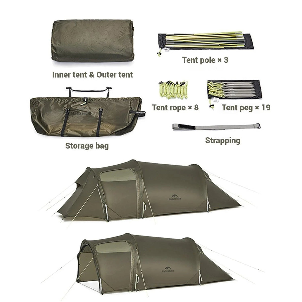 Naturehike Baluosi UL Ultralight Tunnel Hiking Tent, 15D, 2/3 Person, Olive Green - CNK2450WS036
