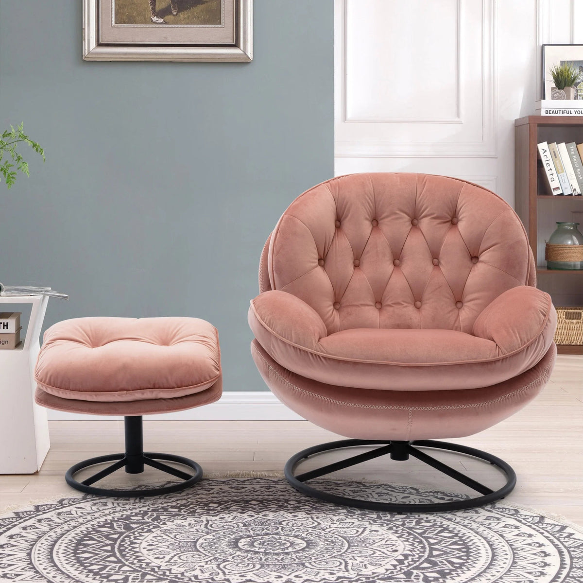 Velvet Swivel Accent Chair With Ottoman Set, Pink, 31.73 x 33.5 x 33.78 Inches