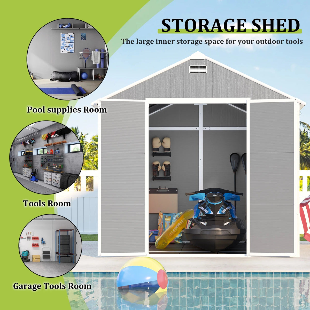 Seizeen Resin Outdoor Storage Shed With Floor, Light Gray, 82 in H