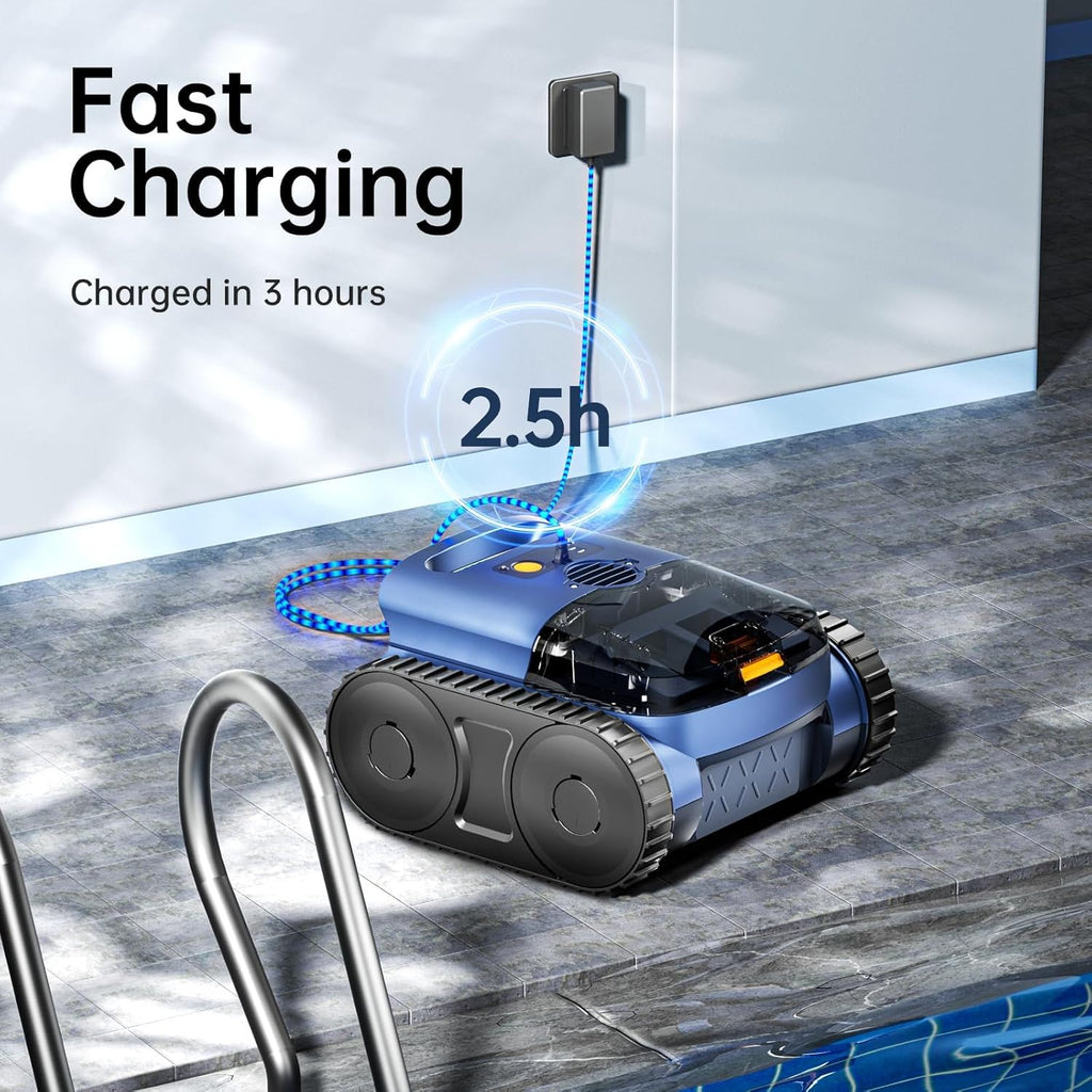 Cordless Robotic Pool Vacuum Cleaner With Track Drive, Sonar Navigation, 180W Brushless Motor, 150-Min Runtime, Dark Blue