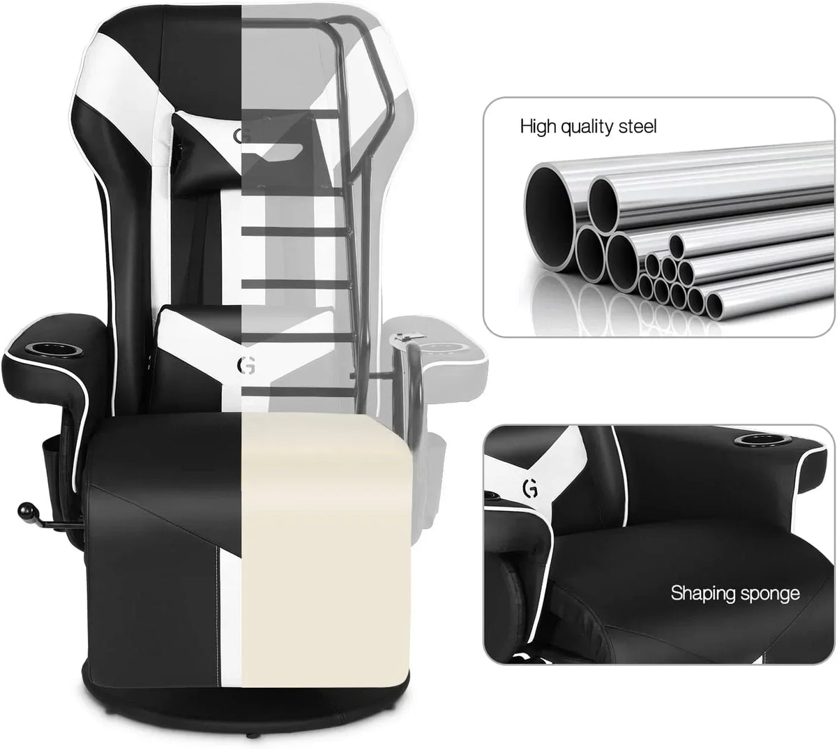 King Throne Ergonomic Gaming Chair With Footrest, Headrest, Lumbar Support, Cupholders, Black White