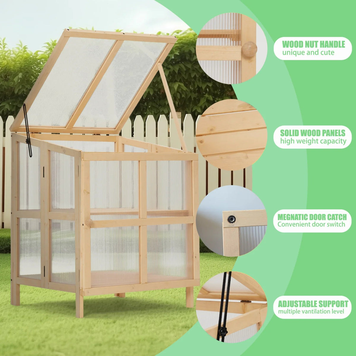 Youmumeub Wooden Cold Frame Greenhouse With 2-Tier Raised Garden Planter And Polycarbonate Panels - Foldable, Natural Wood
