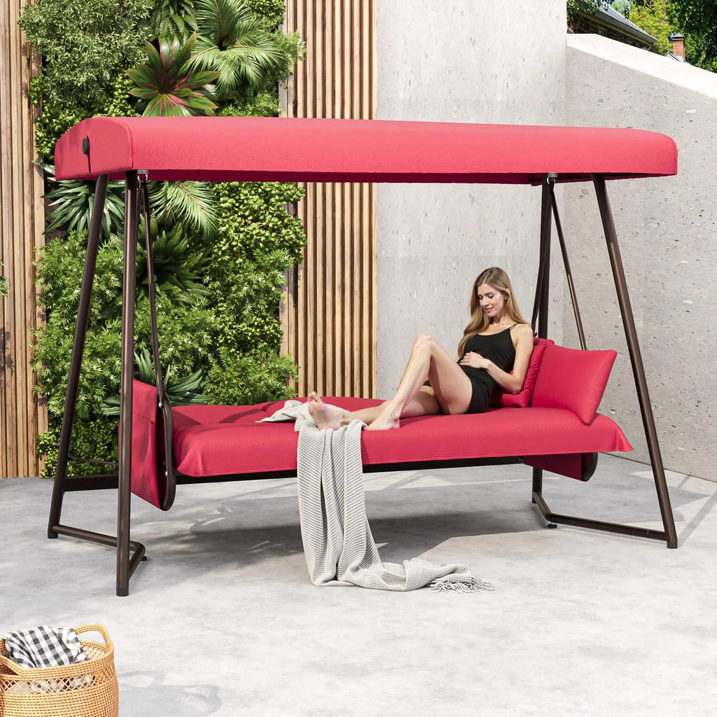 TQKVIPI 4 Person Outdoor Porch Swing Bed With Adjustable Backrest Canopy - 800 lbs Capacity