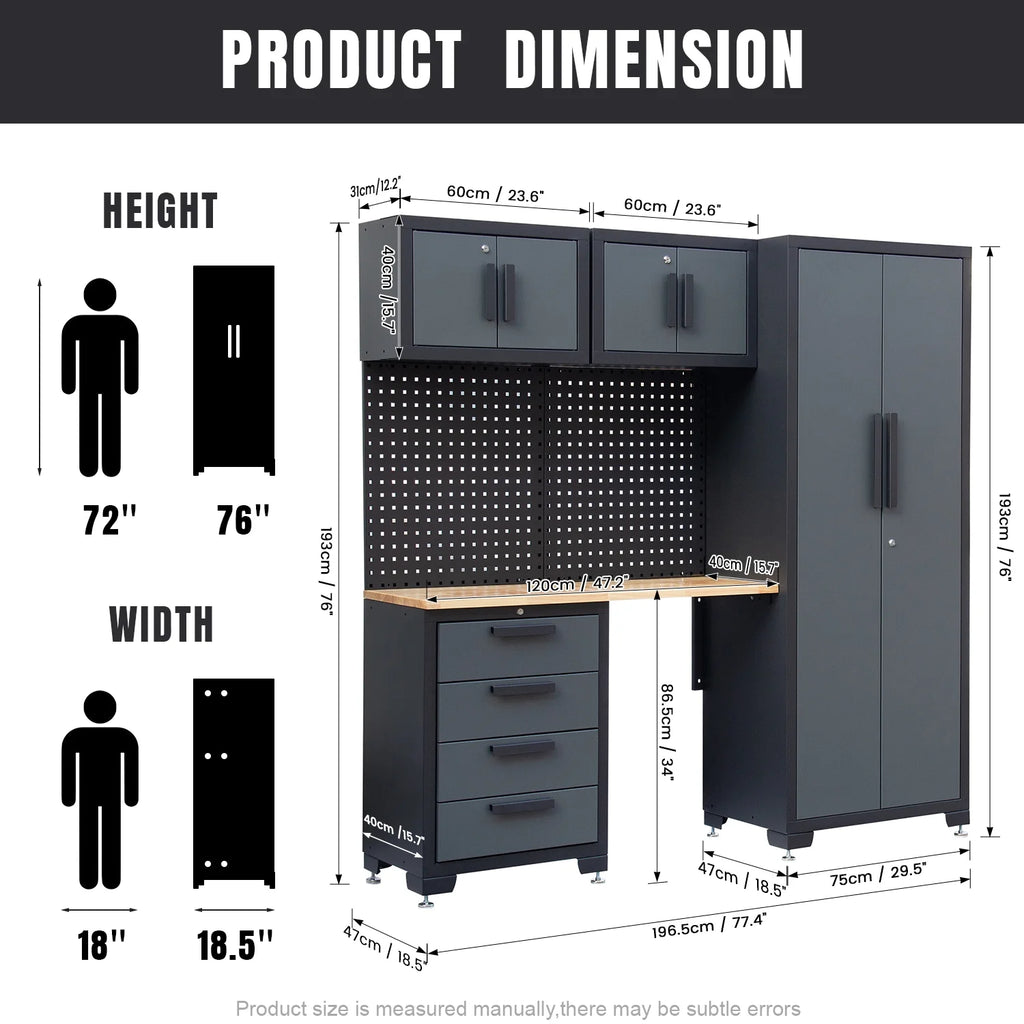 HPDMC 7-Piece Metal Garage Cabinet System With 4-Drawer Roller Cabinet, 47.2 in Workbench And Pegboards