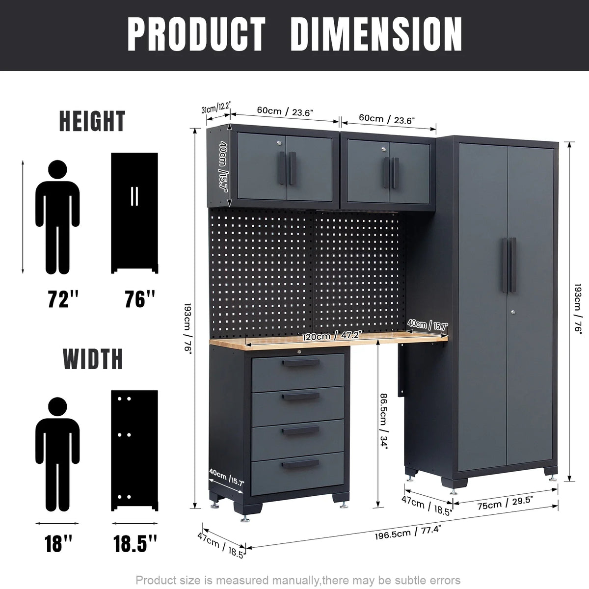 HPDMC 7-Piece Metal Garage Cabinet System With 4-Drawer Roller Cabinet, 47.2 in Workbench And Pegboards