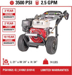 Simpson Gas Pressure Washer 3500 PSI 2.5 GPM With Honda GX200 Engine - PS61002-S