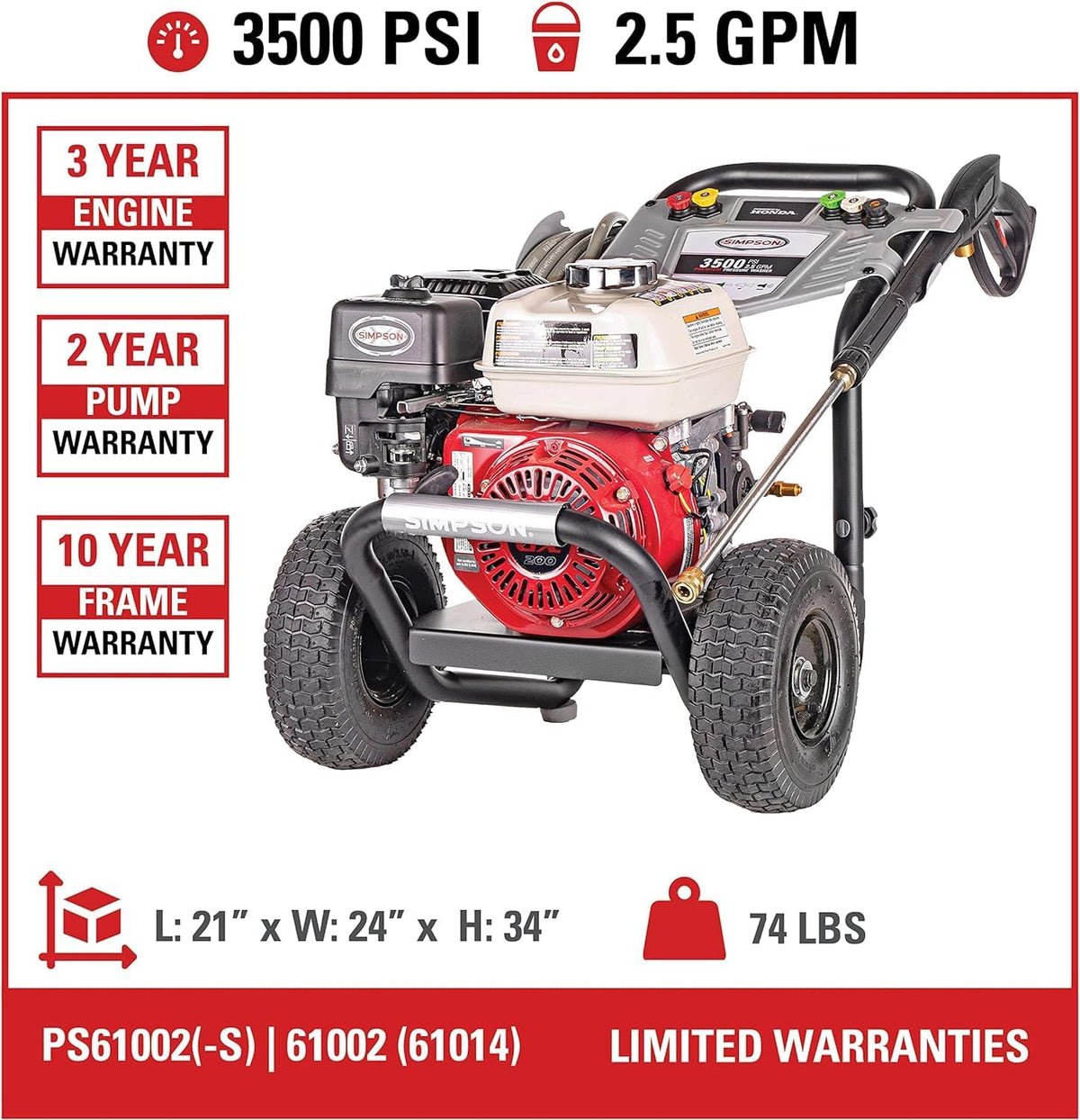 Simpson Gas Pressure Washer 3500 PSI 2.5 GPM With Honda GX200 Engine - PS61002-S