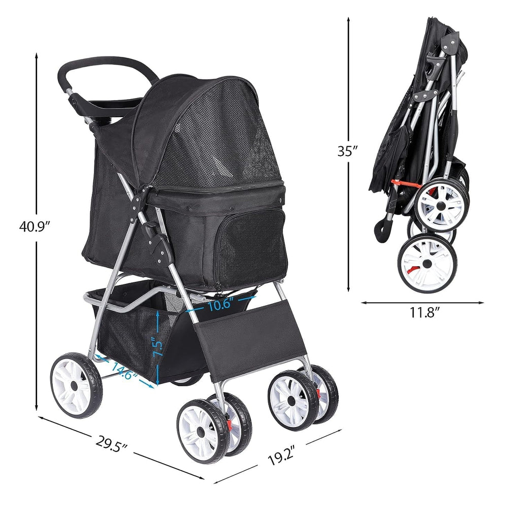 Foldable Cat/Dog Pet Stroller With 4 Wheel, Storage Basket, Cup Holder - Black