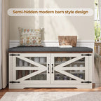 Farmhouse Shoe Storage Bench With Cushion, 31.4in, Metal Barn Door, Old White