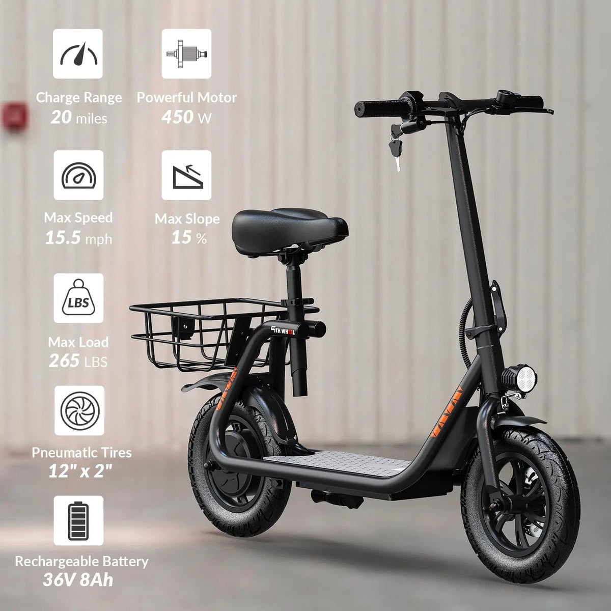 5TH WHEEL Electric Scooter With Seat And Carry Basket, 450W, 36V, 20-Mile Range, 15.5 Mph, 12 Inch - W18S