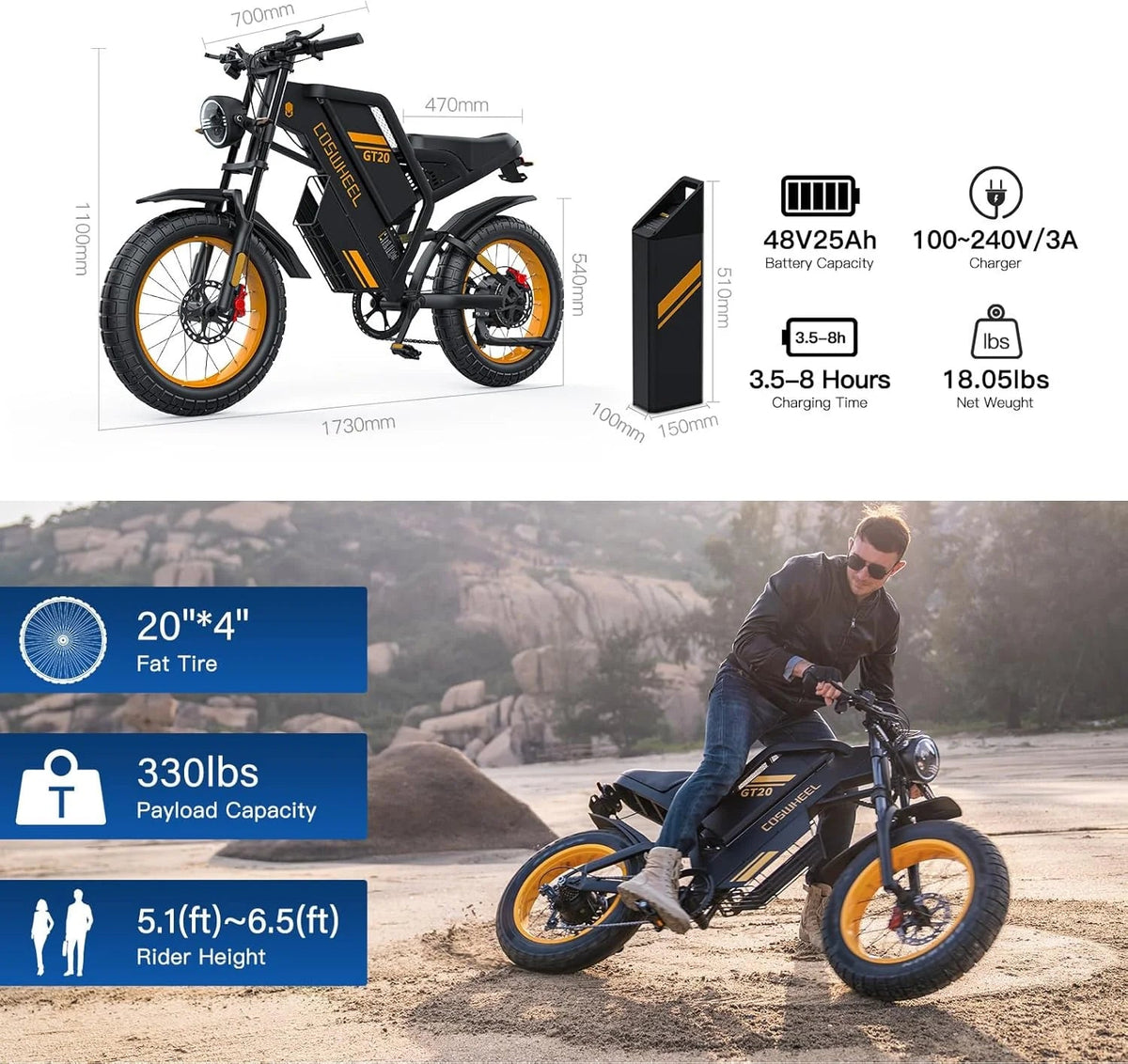 COSWHEEL GT20 Electric Dirt Bike, 1500W Motor, 48V/25Ah Removable Battery, 20in x 4.0in Fat Tires - GT20