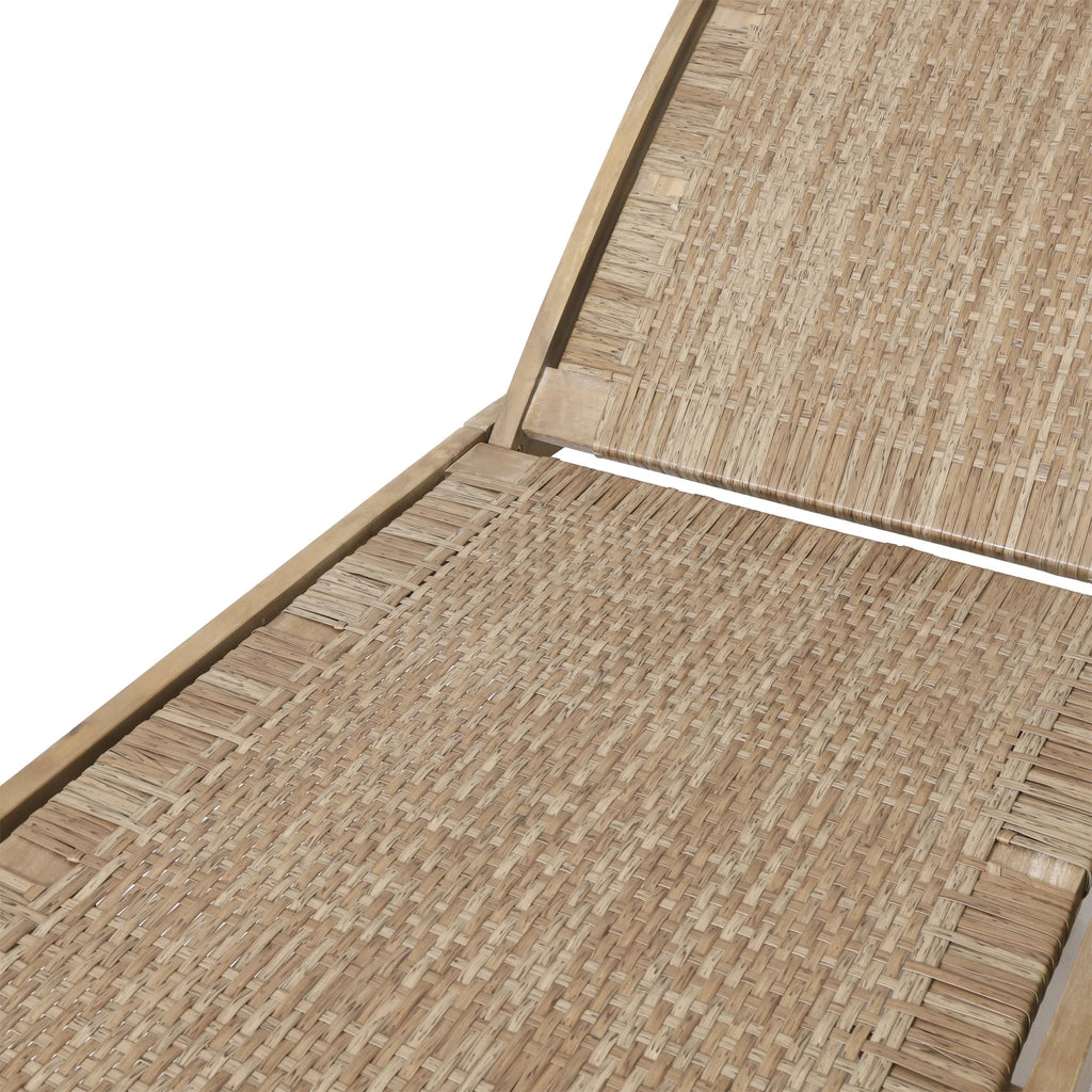 Outdoor Chaise Lounge, Single, Acacia Wood and Faux Rattan, Light Brown and Light Multibrown, 77.00 x 25.50 x 33.00 Inches - Shane