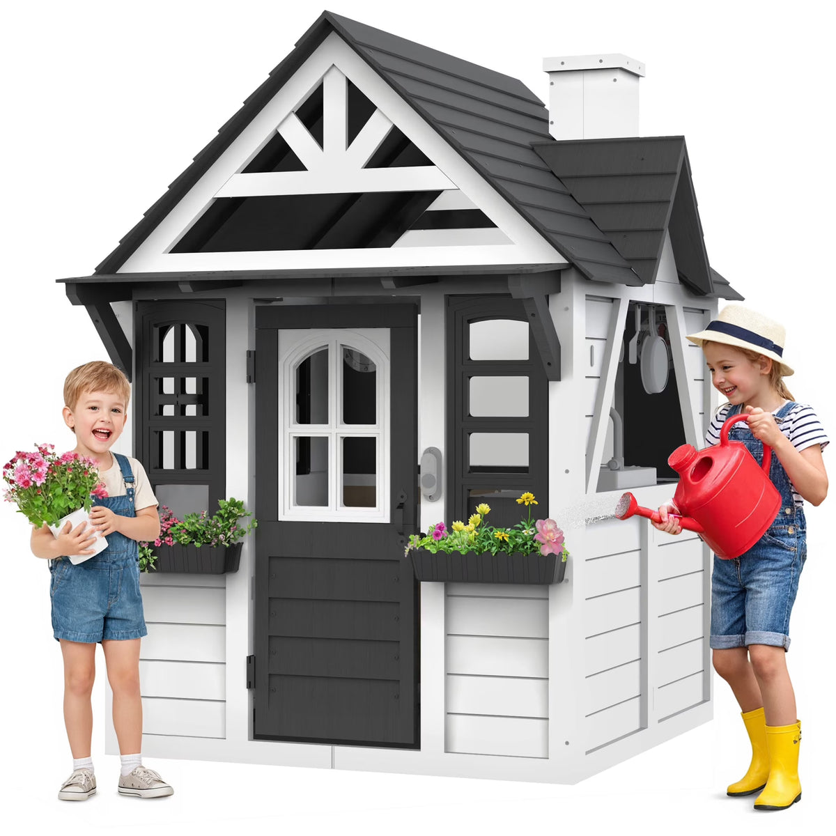 COCLUB Wooden Outdoor Playhouse With Doorbell, Phone And Kitchen Toys, 45in L x 43in W x 65in H