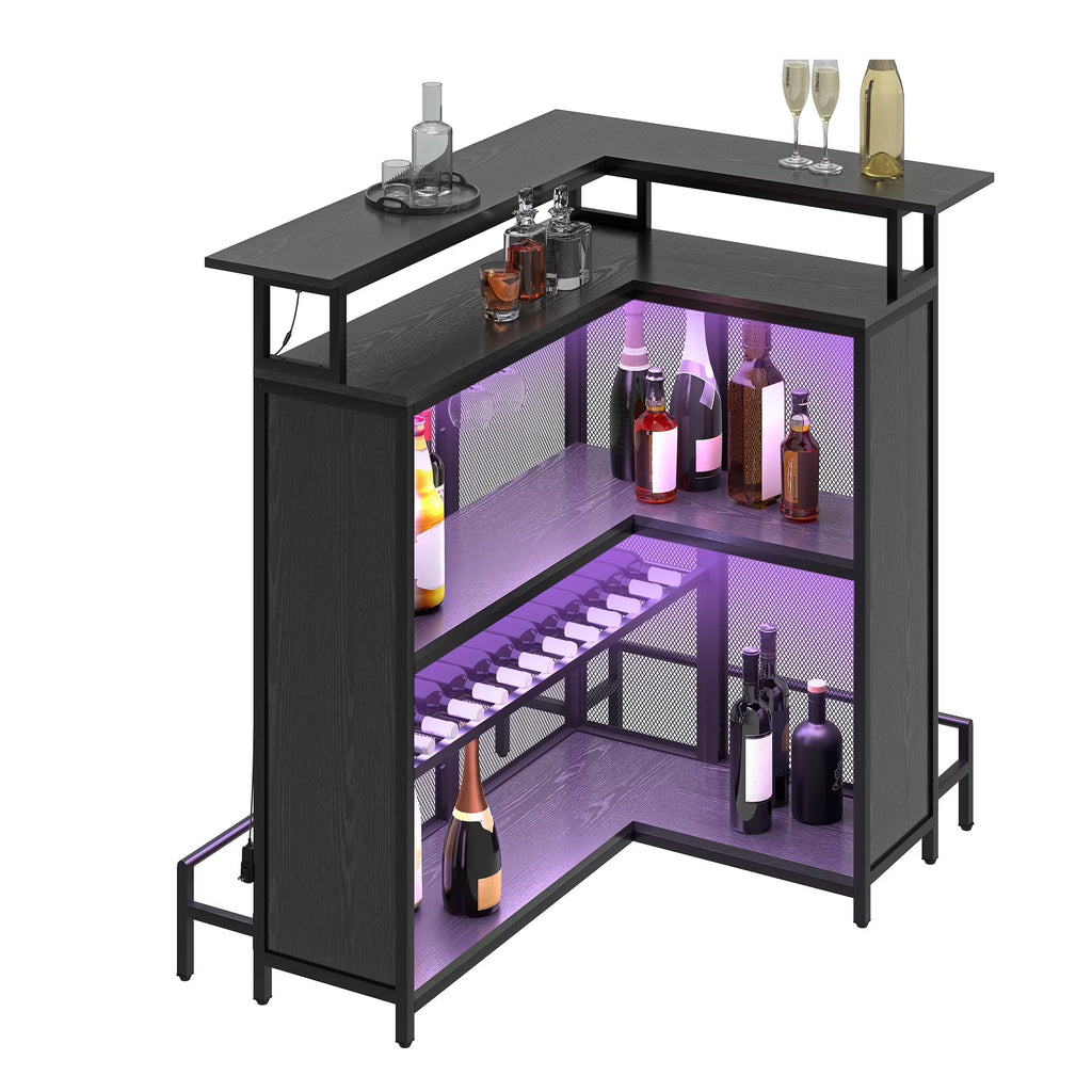 Dextrus 5 Tier Home Bar Unit With 43in Wine Cabinet, LED Lights, Wine Rack And Footrest - Black