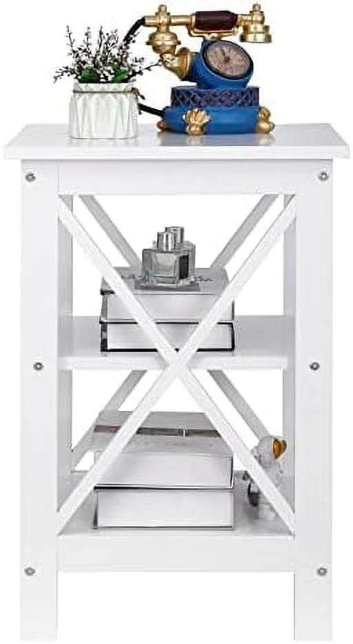 ASDRFYU 3-Tier Wooden End Table With Shelves, X-Design, White