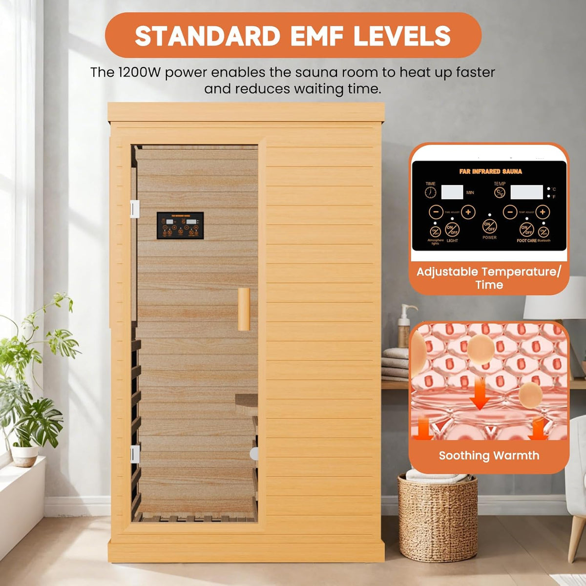 Far Infrared Home Sauna Spa Room, Canadian Hemlock Wood, 1200W, 110V, 35.2 x 27.6 x 61.6 Inch