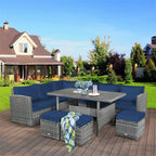 7-Piece Rattan Patio Dining Set With 3 Corner Chairs, 3 Ottomans And Table