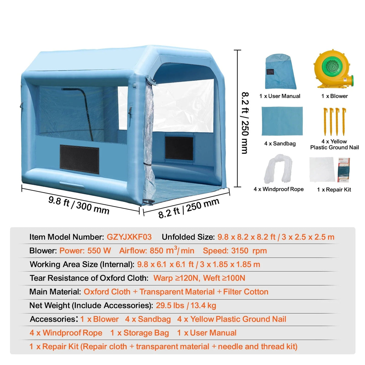 KFFKFF Portable Inflatable Spray Shelter 9.8 x 8.2 x 8.2 ft With 550 W Blower And Filtration System - GZYJXKF03