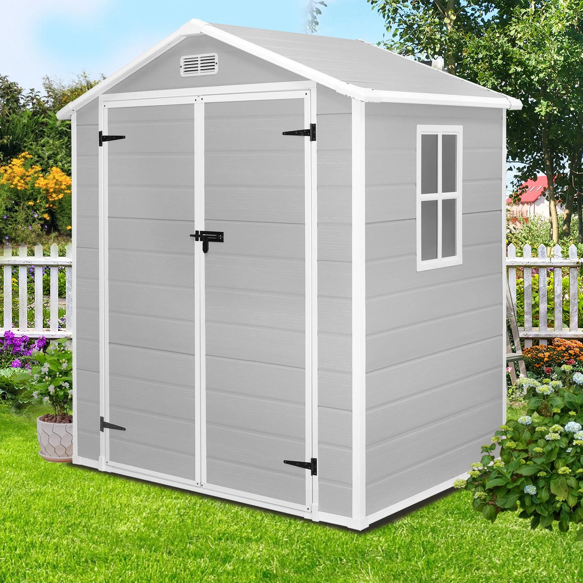 Seizeen Resin Outdoor Storage Shed With Floor, Light Gray, 82 in H