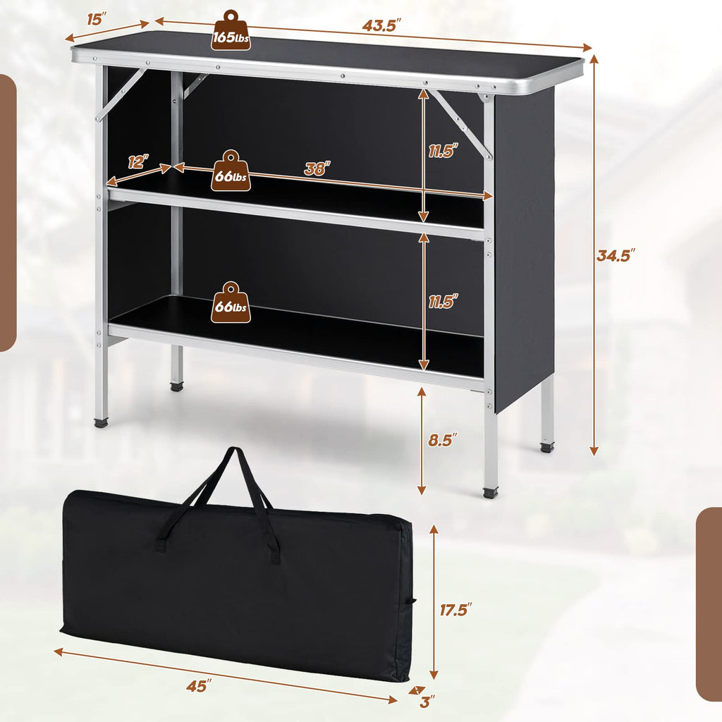 Folding Camping Table With 2-Tier Storage Shelves, Aluminum, 43.5 x 15 x 34.5 in