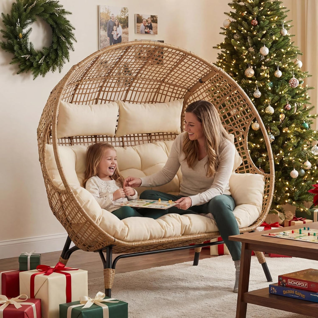 NICESOUL Double Egg Wicker Loveseat Chair, 2 Person, Beige