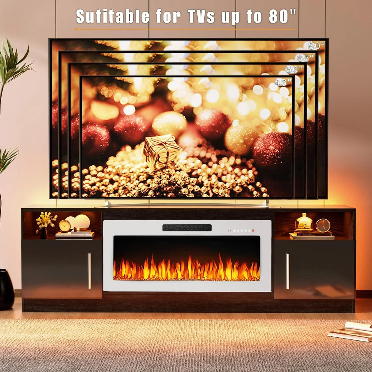 Waleaf TV Stand With 18 in Electric Fireplace And Adjustable Glass Shelves - TVs Up To 65 inch