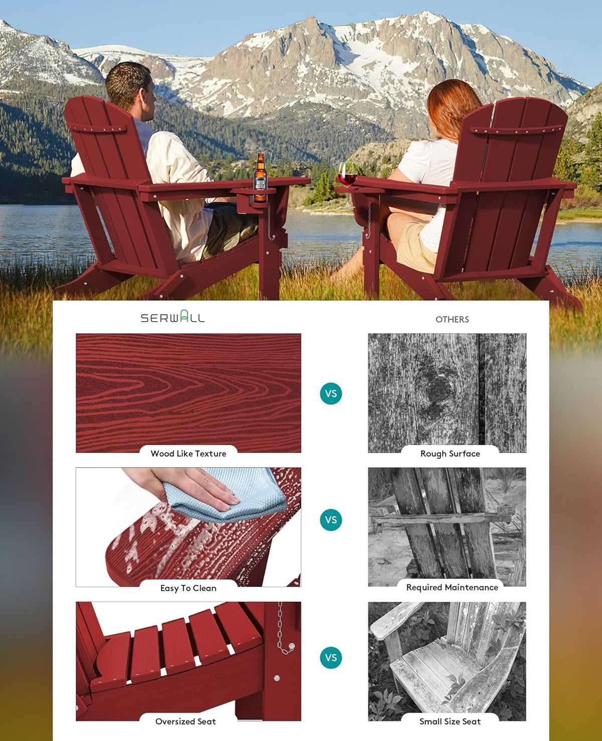 SERWALL Adirondack Chairs With Cup Holders, Set Of 6, HDPE, Dark Red