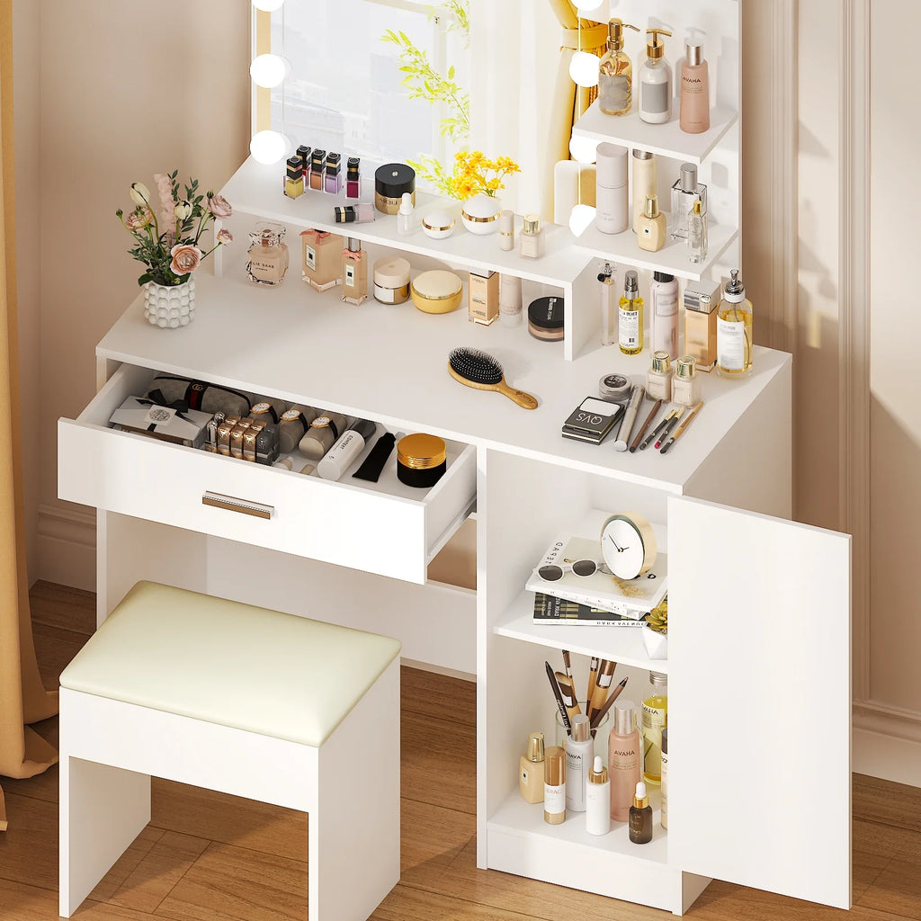Ktaxon Vanity Makeup Table With Stool, 3-Color Lighted Mirror, 3 Shelves, Drawers, White - 35.43 x 15.55 x 29.53-53.27 in