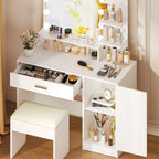 Ktaxon Vanity Makeup Table With Stool, 3-Color Lighted Mirror, 3 Shelves, Drawers, White - 35.43 x 15.55 x 29.53-53.27 in