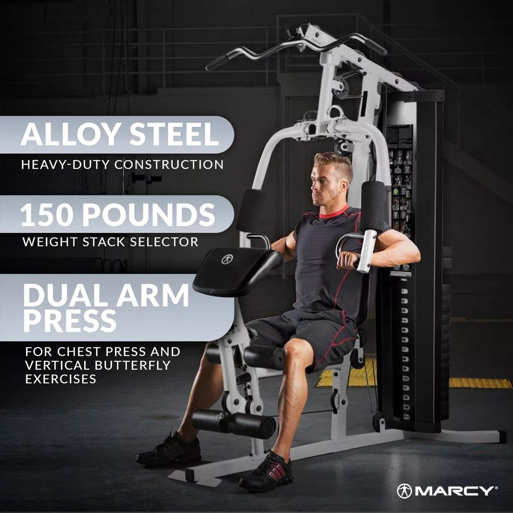 150-Lb. Weight Stack Home Gym With Dual-Function Arm Press And Leg Developer - Black/White