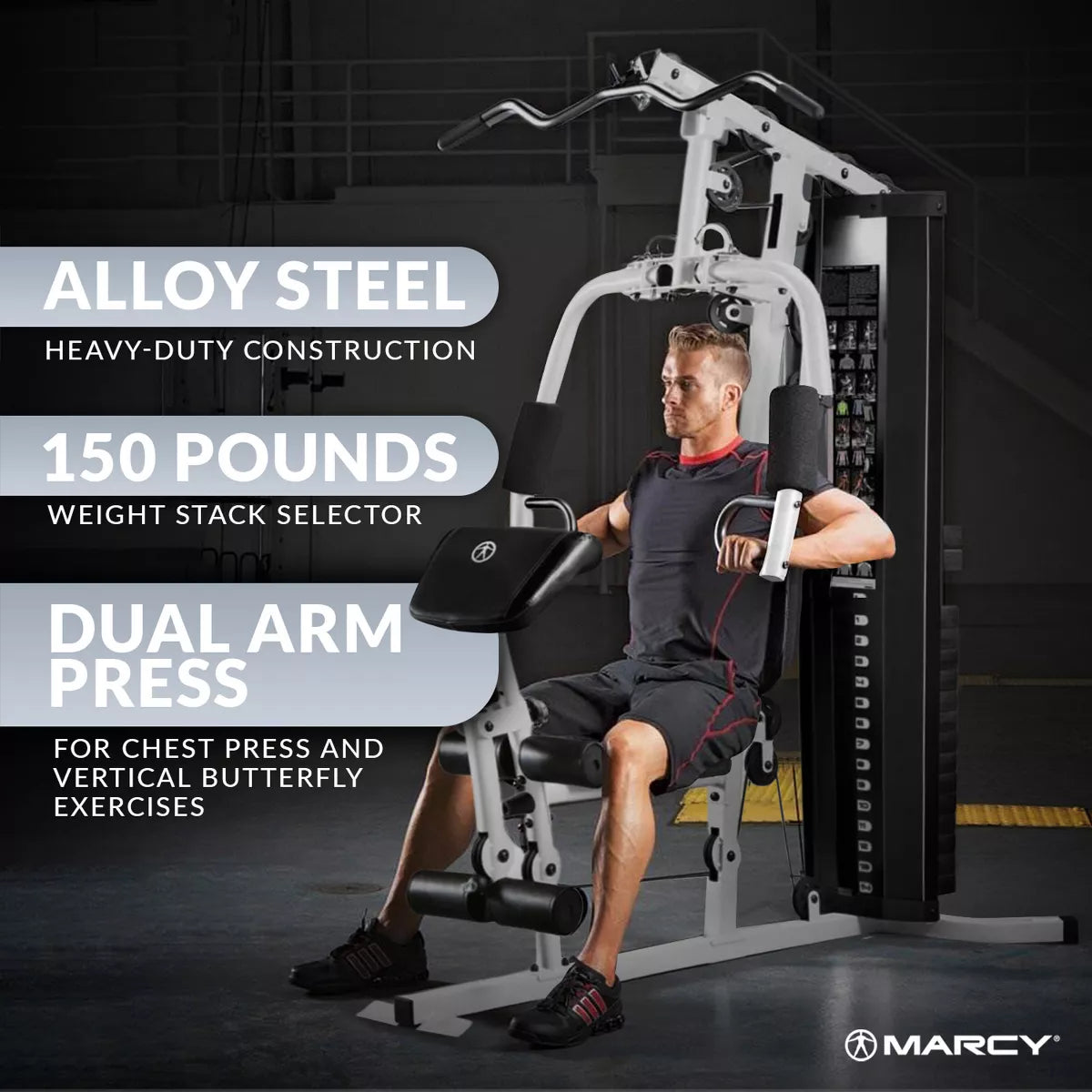 150-Lb. Weight Stack Home Gym With Dual-Function Arm Press And Leg Developer - Black/White