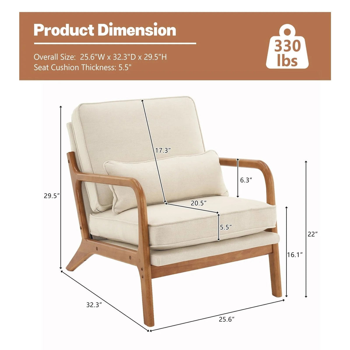 Linen Accent Lounge Chair With Solid Wood Frame, 25.6in D x 34.6in W x 36.6in H
